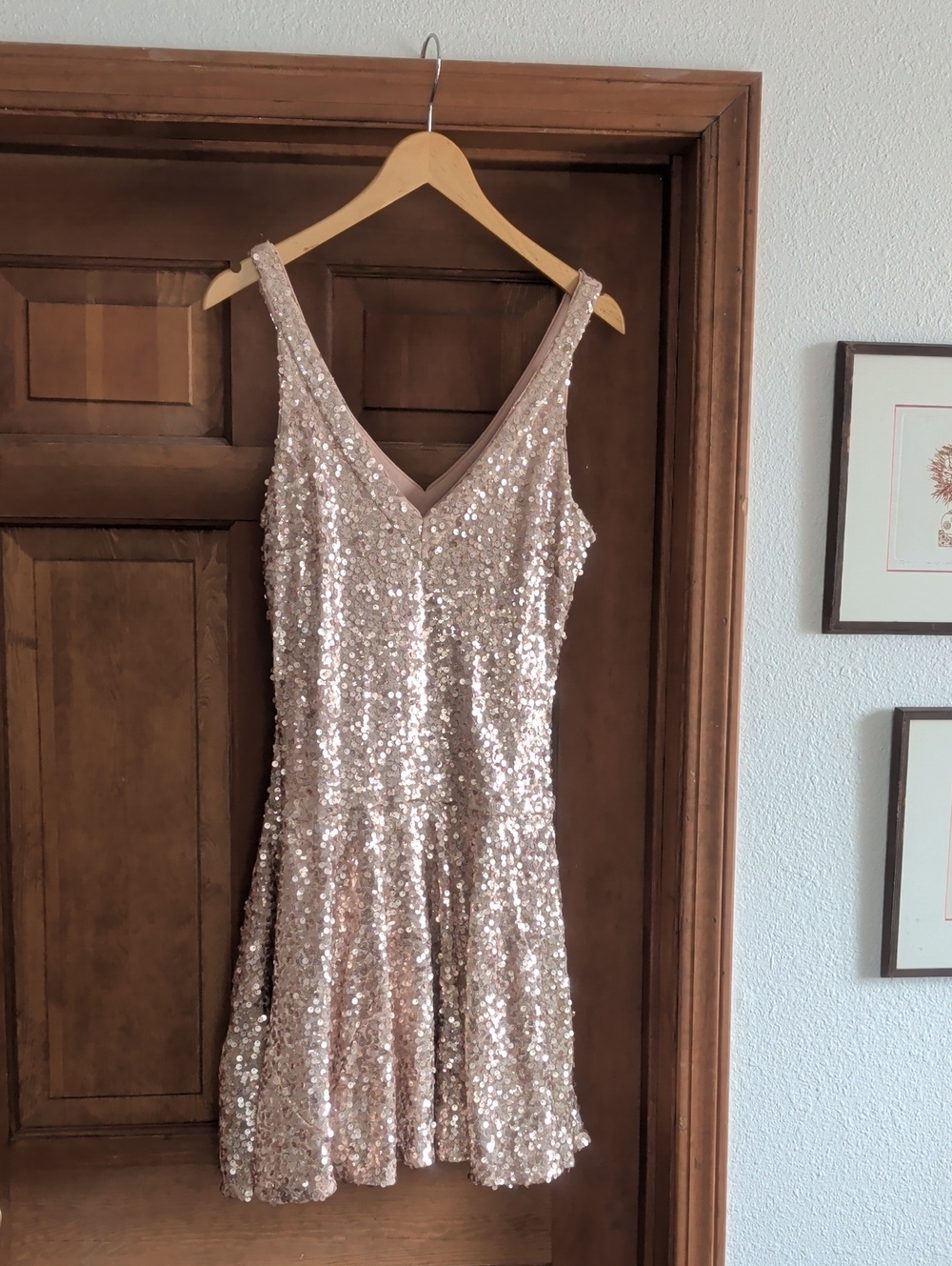 GUESS Rose Gold Sequin V-Neck Mini Dress